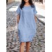 100% Cotton O-Neck Solid Casual Dress With Side Pocket For Women