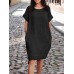 100% Cotton O-Neck Solid Casual Dress With Side Pocket For Women