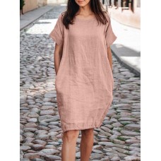 100% Cotton O-Neck Solid Casual Dress With Side Pocket For Women