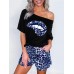 Casual Off Shoulder SLips Print T-shirts Leopard Print Shorts Two Pieces Sets