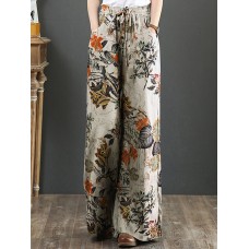 Cotton Women Palnt Floral Print Pocket Drawstring Elastic Waist Retro Wide Leg Pants