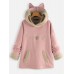 Ears Hooded Fleece Patchwork Cartoon Print Sweatshirt