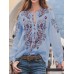 Ethnic Style Print Round Neck Long Sleeve Bohemia Button Blouse For Women