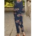 Flower Pocket Tie Elastic Waist Long Sleeve Two Pieces Set