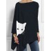 Irregular Cartoon Cat Print Long Sleeve Splited Blouse