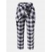 Plaid Print Knotted Pocket High Waist Loose Casual Pants For Women