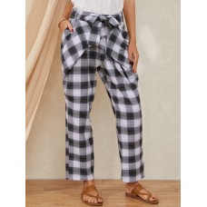 Plaid Print Knotted Pocket High Waist Loose Casual Pants For Women