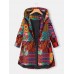 Plus Size Women Ethnic Style Printed Button Up Hooded Coats With Pocket