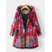 Plus Size Women Ethnic Style Printed Button Up Hooded Coats With Pocket