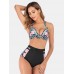 Plus Size Women Floeal Print Patchwork High Waist Bikini Backless Swimwear