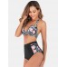 Plus Size Women Floeal Print Patchwork High Waist Bikini Backless Swimwear