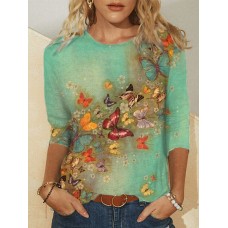 Plus Size Women Floral Butterfly Print Round Neck Casual Long Sleeve Blouses