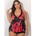 Plus Size Women Swimsuit Halter String Floral Print V-Neck Backless Swimdress