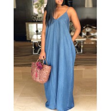 S-5XL Plus Size Sleeveless Strappy Long Denim Dress