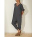 Solid Color Long Sleeve Notched Collar Pocket Loose Jumpsuit For Women