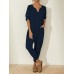 Solid Color Long Sleeve Notched Collar Pocket Loose Jumpsuit For Women