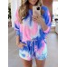 Tie Dye Women Long Sleeve Drawstring Pocket Shorts Casual Home Two-piece Set