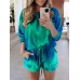 Tie Dye Women Long Sleeve Drawstring Pocket Shorts Casual Home Two-piece Set