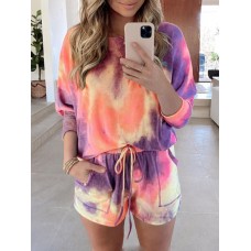 Tie Dye Women Long Sleeve Drawstring Pocket Shorts Casual Home Two-piece Set