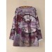 Vintage Floral Printed O-neck Long Sleeve Irregular Hem T-shirt For Women