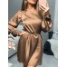 Women  Satin Solid Puff Sleeve Knee Length Back Zipper Drawstring Midi Dresses