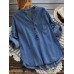 Women Casual Buttons Adjustable Sleeve Denim Blouse