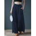 Women Casual Cotton Back Elastic Waist Loose Wide Leg Pants with Side Pockets