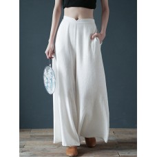 Women Casual Cotton Back Elastic Waist Loose Wide Leg Pants with Side Pockets