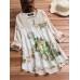 Women Casual Cotton Linen Floral Print Long Sleeve Blouse