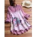 Women Casual Cotton Linen Floral Print Long Sleeve Blouse