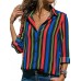 Women Casual Stripe Floral Print Buttons Turn-Down Collar Long Sleeve Blouse