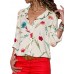 Women Casual Stripe Floral Print Buttons Turn-Down Collar Long Sleeve Blouse