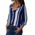 Women Casual Stripe Floral Print Buttons Turn-Down Collar Long Sleeve Blouse