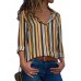 Women Casual Stripe Floral Print Buttons Turn-Down Collar Long Sleeve Blouse