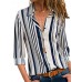 Women Casual Stripe Floral Print Buttons Turn-Down Collar Long Sleeve Blouse