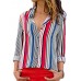 Women Casual Stripe Floral Print Buttons Turn-Down Collar Long Sleeve Blouse