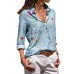 Women Casual Stripe Floral Print Buttons Turn-Down Collar Long Sleeve Blouse