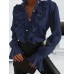 Women Casual V-Neck Solid Color Ruffles Long Sleeve Casual Blouse