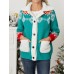 Women Christmas Jacquard Fleece Front Buttons Side Pockets Casual Coats