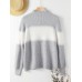 Women Colorblock Kitted Bishop Sleeve Warm High Neck Sweater