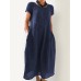 Women Cotton Loose Solid Color O-Neck Short Sleeve Side Pockets Dress