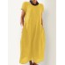 Women Cotton Loose Solid Color O-Neck Short Sleeve Side Pockets Dress