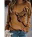 Women Cute Cartoon Cat Print Round Neck Loose Casual Long Sleeve T-Shirts