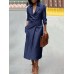 Women Denim Nine Points Sleeve Lapel Regular Fit Midi Dress With Pocket