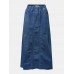 Women Distressed Solid Color Elastic Waist Loose Denim Skirt With Pocket