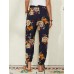 Women Floral Print Bohemian Tie Cuff Pants With Pocket