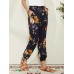 Women Floral Print Bohemian Tie Cuff Pants With Pocket