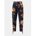 Women Floral Print Bohemian Tie Cuff Pants With Pocket