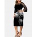 Women Flower Print Patchwork Lace Bell Sleeve Plus Size Casual Dress