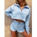 Women Half Zip Drop Shoulder Crop Top Drawstring Shorts Casaul Two-Piece Set